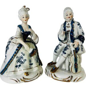 Vtg  Ardco Porcelain Figurines Japan Victorian Man Lady Violin Blue White Gilded